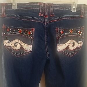 Gold Flara Blue Jeans, Sz 10 (W34"/L39"), Red/Gold Rhinestones Pocket Designs